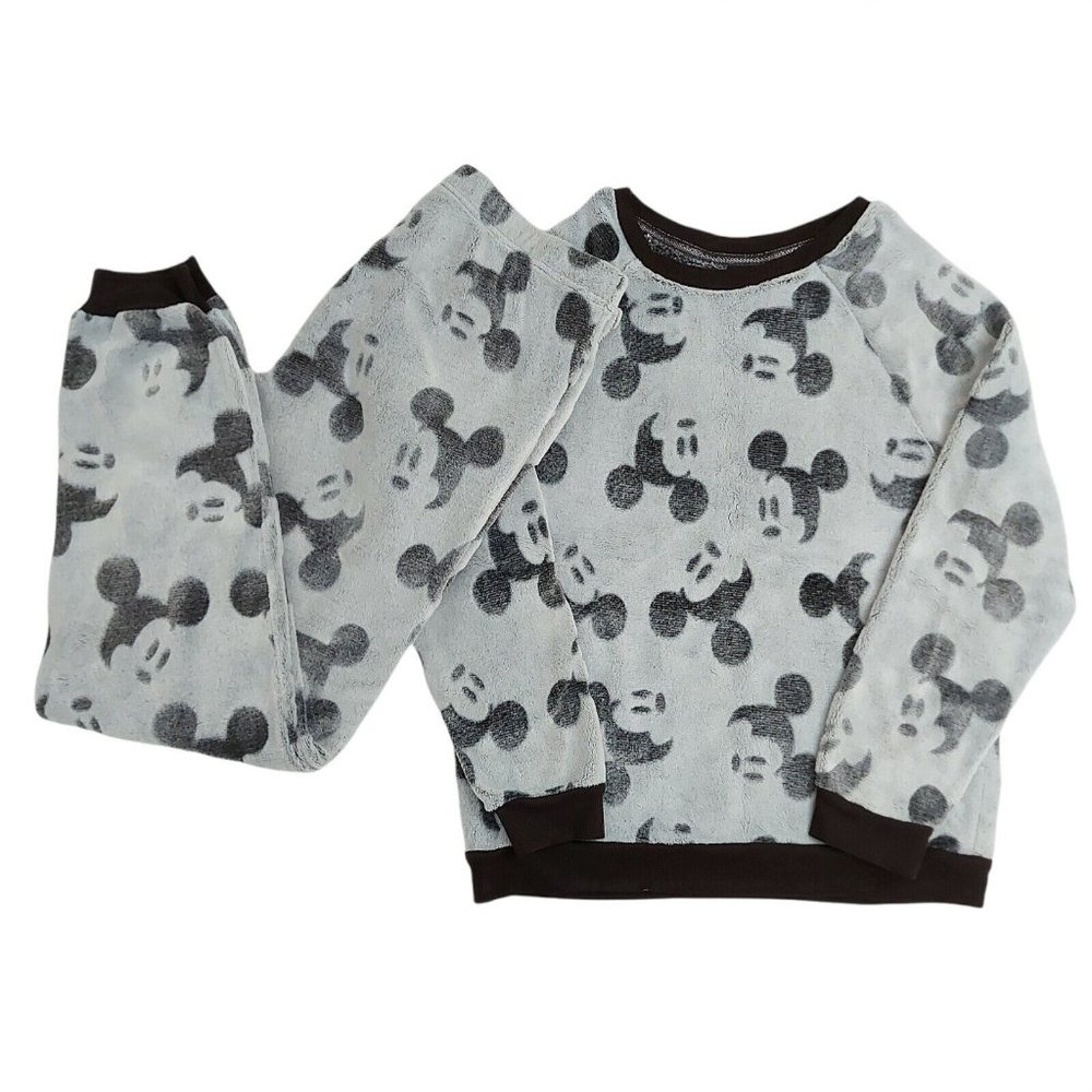 Disney Women's Fleece Pajama Set Top And Pants Size M Mickey Mouse Print Gray